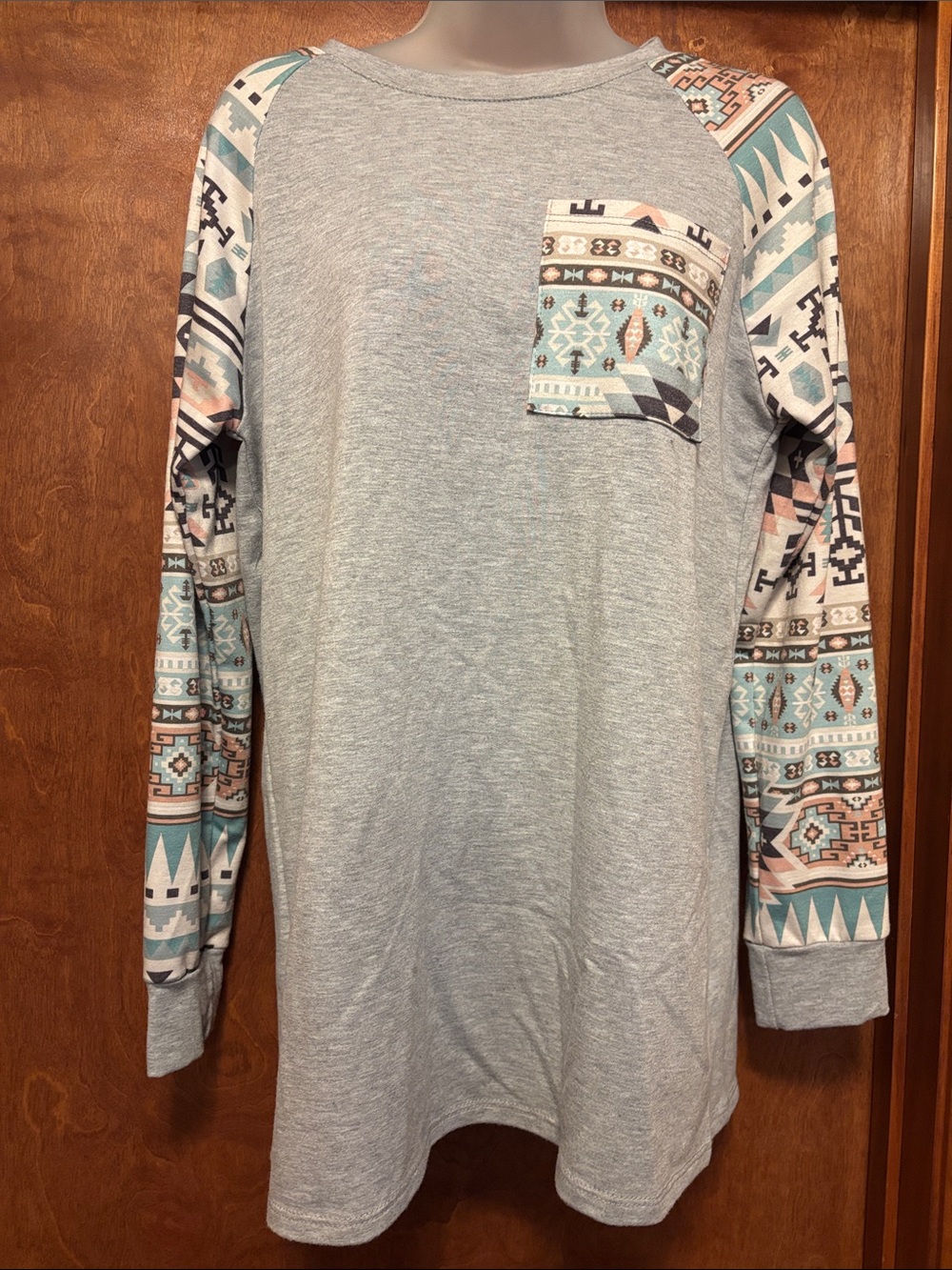 Avery Light Gray Raglan Top with Aztec Print Sleeves and Pocket